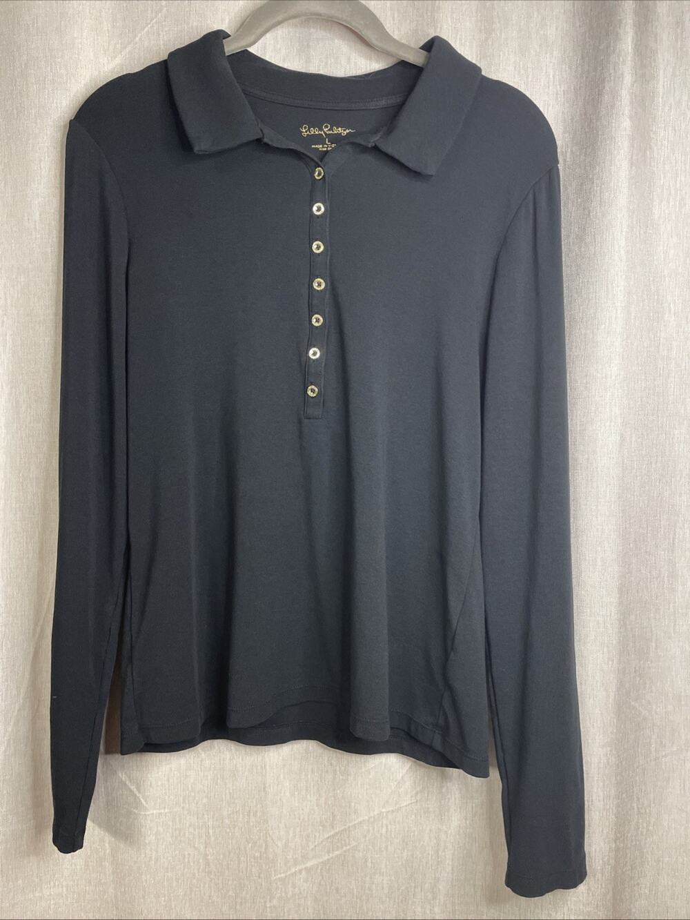 Lilly Pulitzer Sweater Women’s Large- Black Collared Half Buttons Minimalist Top